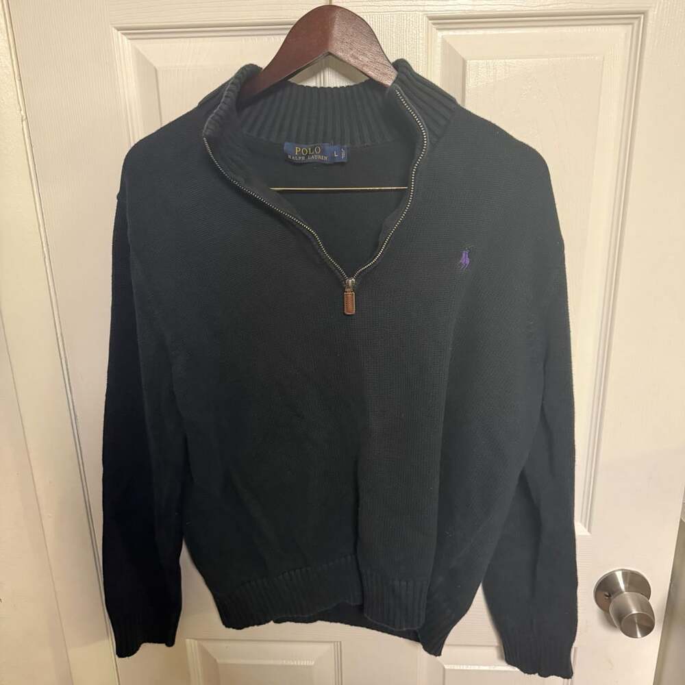 Polo Ralph Lauren Black Quarter-Zip Knit Sweater with Purple Pony Logo